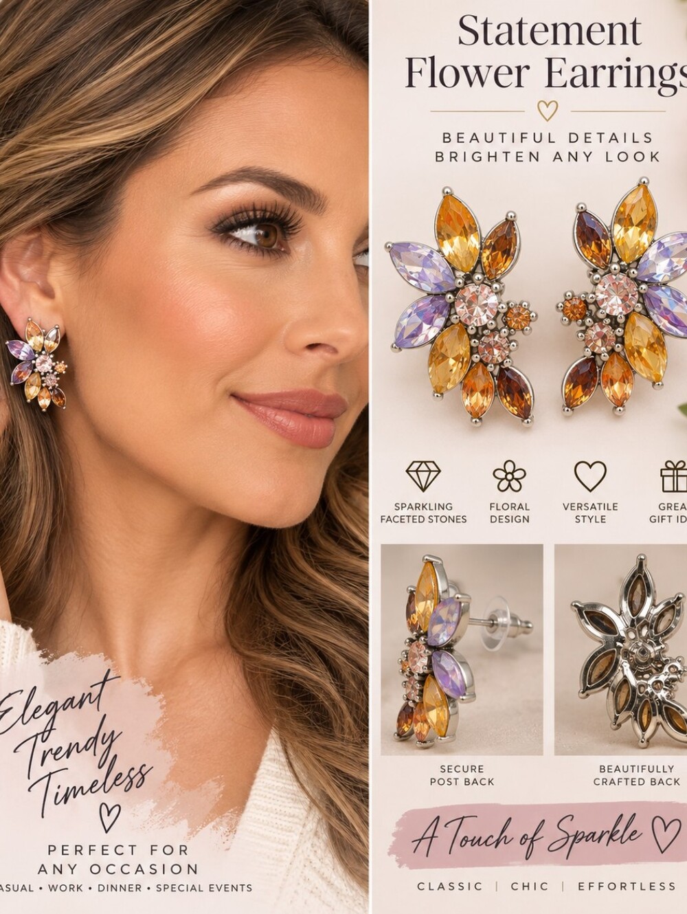 Statement Flower Cluster Earrings - Gold & Purple -